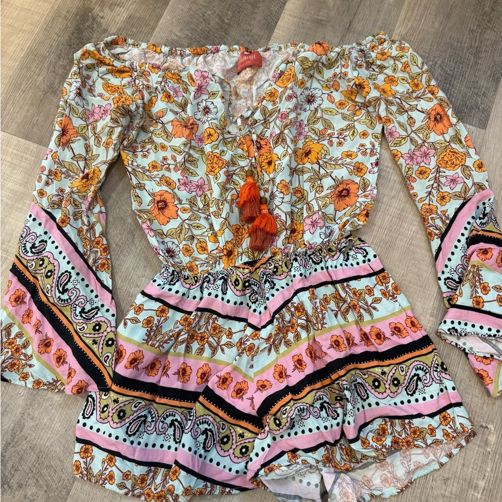 Maaji Boho Floral Off-The-Shoulder Romper with Bell‎ Sleeves & Tassels - Picture 2 of 4
